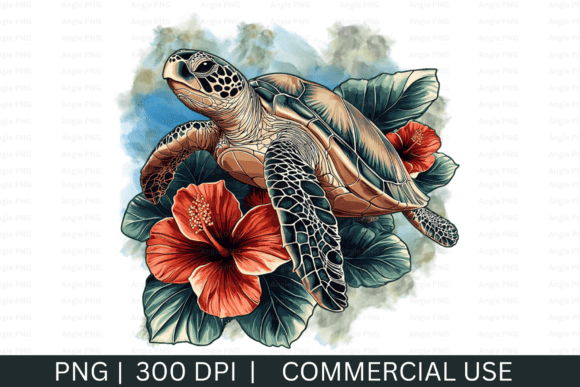 Floral Watercolor Sea Turtle, Summer Graphics