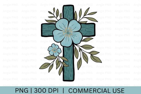 Watercolor Easter Cross with Flowers Graphics for Crafts
