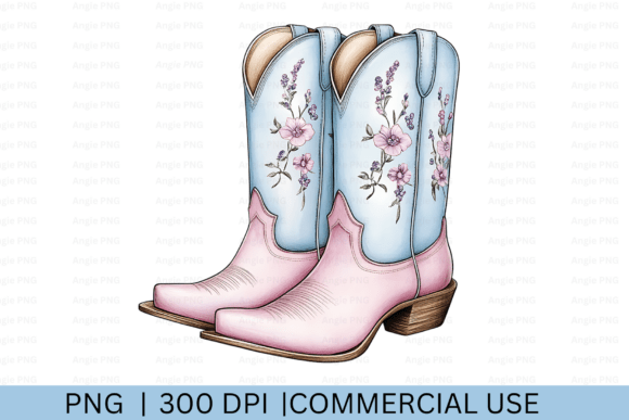 Western Floral Blue Pink Cowgirl Boots Graphics for Crafts